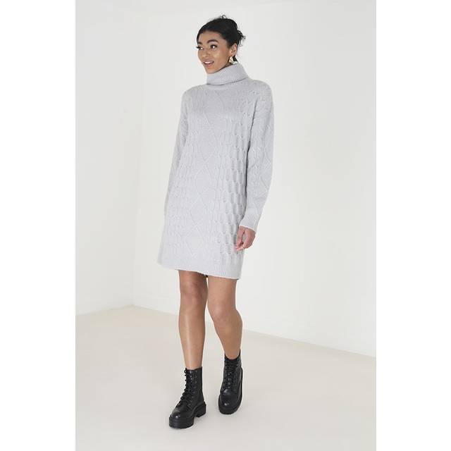 Roll Neck Cable Knit Jumper Dress - Grey - Small - Brave Soul