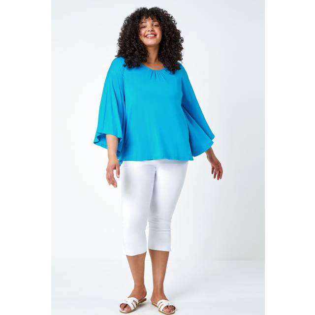 Roman Curve Womens Stretch Jersey Cape Sleeve Top - Turquoise viscose - Size 20 UK