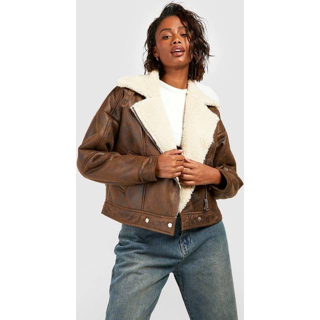Womens Vintage Wash Faux Leather Aviator Jacket - Black - 12