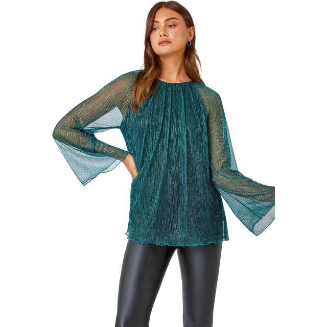 Roman Womens Plisse Overlay Wide Sleeve Top - Turquoise - Size 10 UK