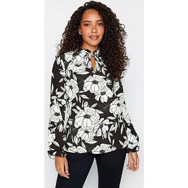 M&Co Black & White Floral Print Tie Neck Blouse 10 M&Co Womens
