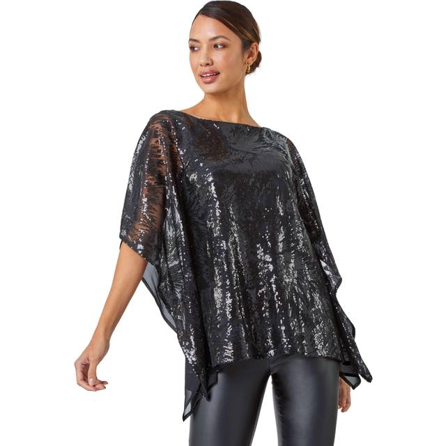Roman Black Sequin Overlay Stretch Chiffon Top - Size 20