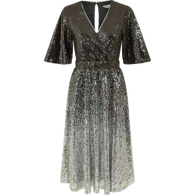 Yumi Black And Silver Ombre Sequin Midi Wrap Dress - Size 10 UK - Yumi