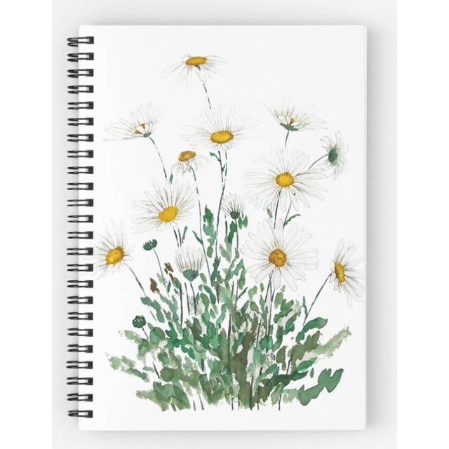 Spiral Notebook white Margaret daisy watercolor  A5 120 Pages