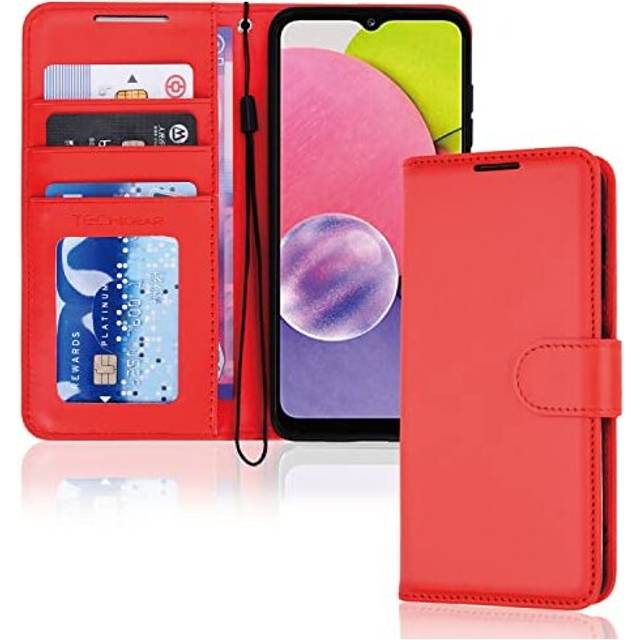 (Red) Samsung Galaxy A23 5G Leather Wallet Case, Flip Protective Cover with Wallet Card Holder, Stand and Wrist Strap - PU Leather with Magnetic Closu