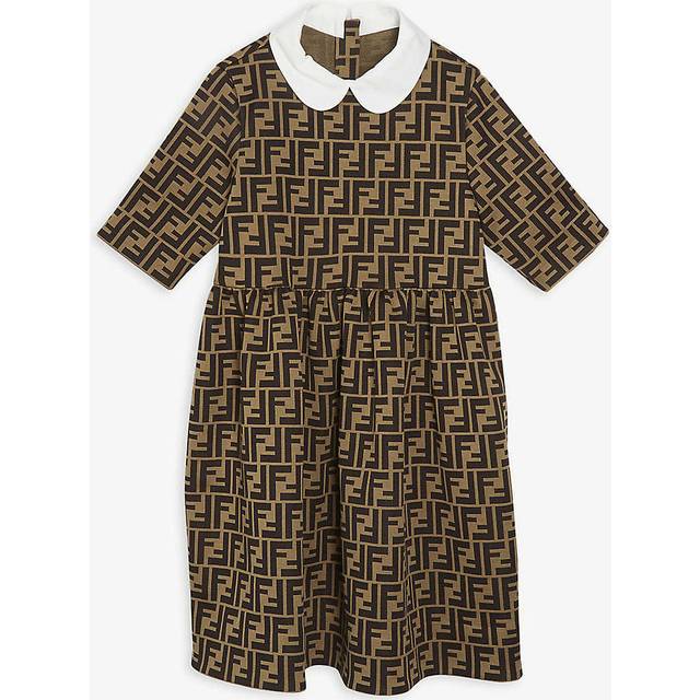 Fendi Nocciola+marrone Kids Ff Logo Peter Pan Jersey Dress 8-14 Years 12-14