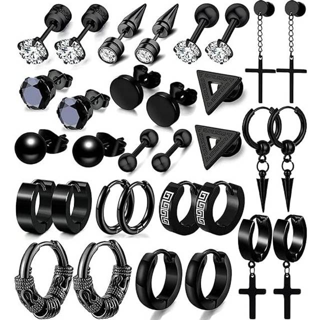 16 Pairs Men Earrings Set - Black Stainless Steel Cross Dangle Hoop & Ear Stud Fashion Piercing Jewelry for Birthdays, Parties & More