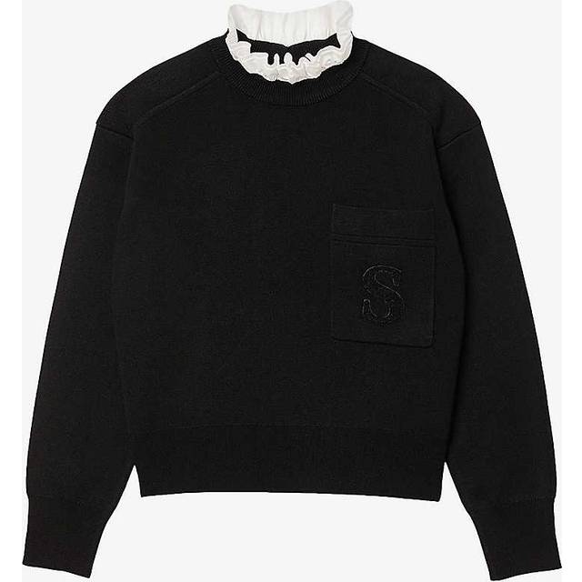Sandro Womens Noir / Gris Lucien Frill-neck Logo-embroidered Knitted Jumper 8