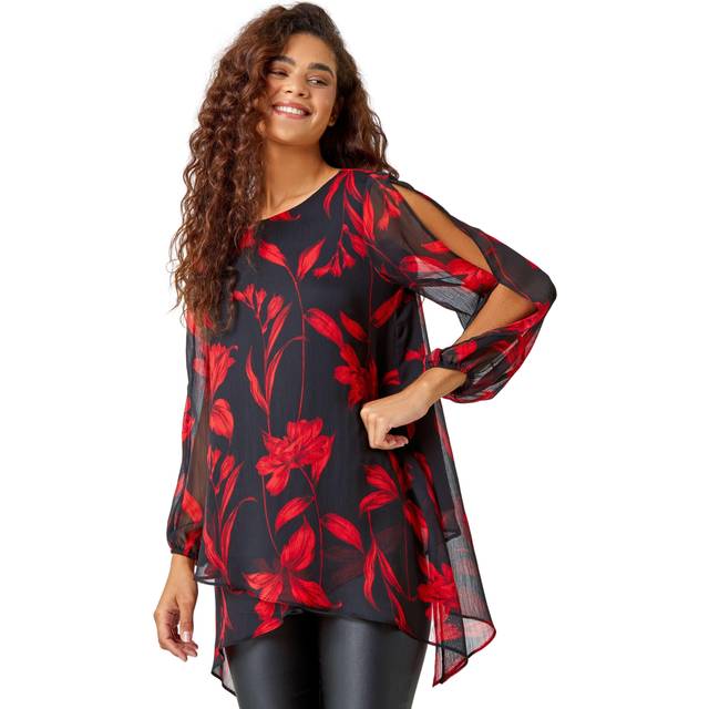 Roman Floral Chiffon Layered Tunic Top - Red, Red, Size 20, Women