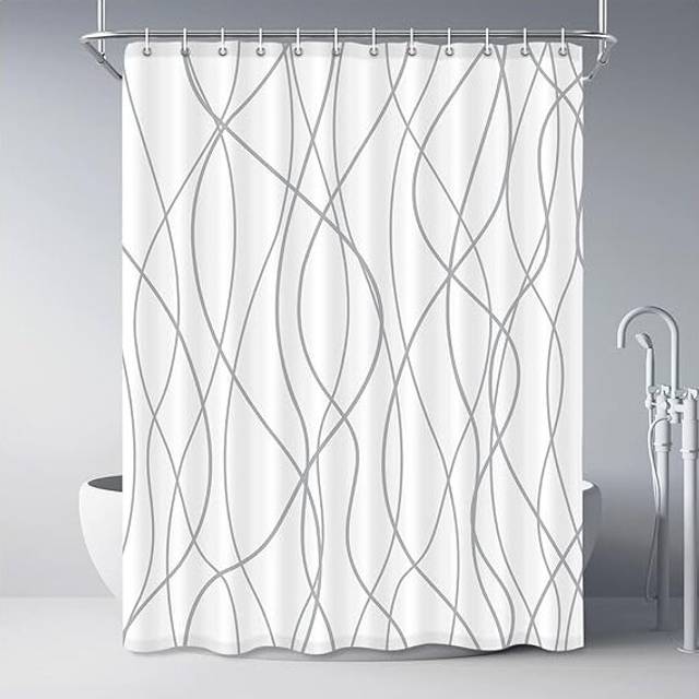 Grey and White Striped Fabric Shower Curtain for Bathroom with 12Hooks, Curtains 84 Inches Long, Weighted Hem,Waterproof Bath Accessories Hotel Style