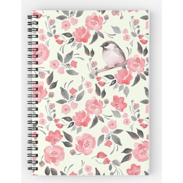 Spiral Notebook Watercolor floral with cute bird  2 A5 120 Pages