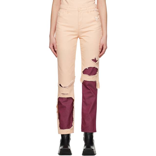 Raf Simons Pink & Burgundy Double Destroyed Jeans - 3951 Salmon Burgundy - WAIST US 30