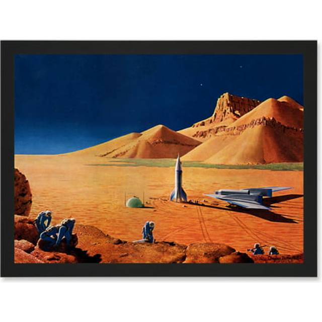 Science Fiction Landscape Desert Space Ship Rocket Plane Mars Sci-Fi A4 Artwork Framed Wall Art Print - Black - One Size