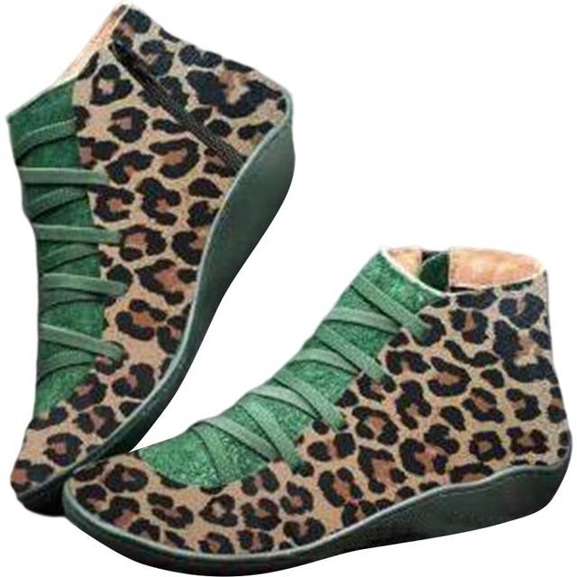 (Green, 40) Women Boot Ankle Booties Leopard Print Flat Wedge Heel Round Toe Keep Warm Shoes