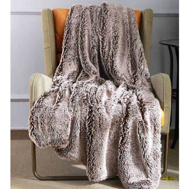 Coastline Super soft Two Tone Faux Fur/Plush Throw Blanket, Decorative Fuzzy Warm Cozy Rabbit Fur Throws for Sofa, Couch, Chair, Coffee Brown 127x152c