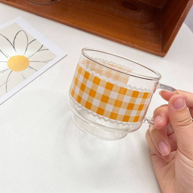 (a-6) 1pcs Printed Transparent Creative Glass Coffee Tea Mug Drink Dessert Breakfast Milk Cup Glass Mugs Handle Drinkware