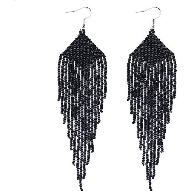 Bohemian Large Handmade Beaded Tassel Statement Chandelier Dangle Earrings, Boho Big Mexican Tribal Seed Bead Fringe Drop Earrings for Women
