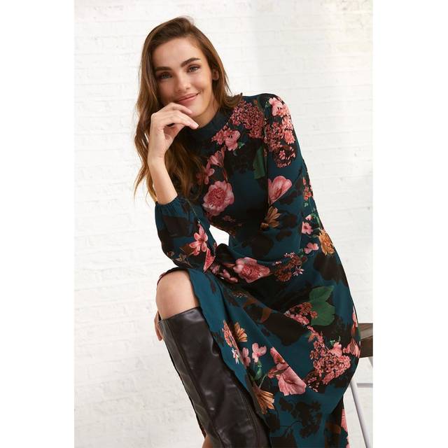 Floral High Neck Midi Dress - Green - 10