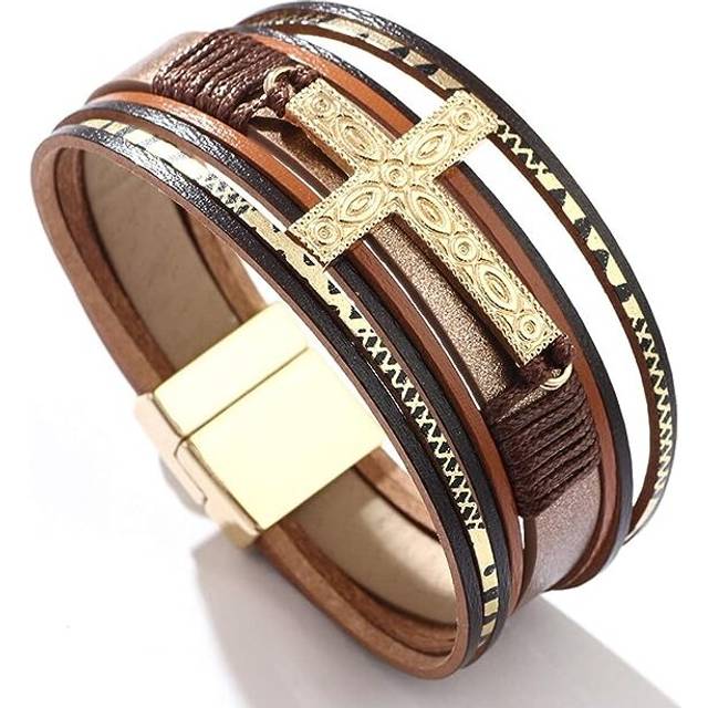 Leather Wrap Bracelet Boho Cuff Bracelets for Women Teen Girls Cross Bracelet with Magnetic Clasp Jewelry Gifts for Her