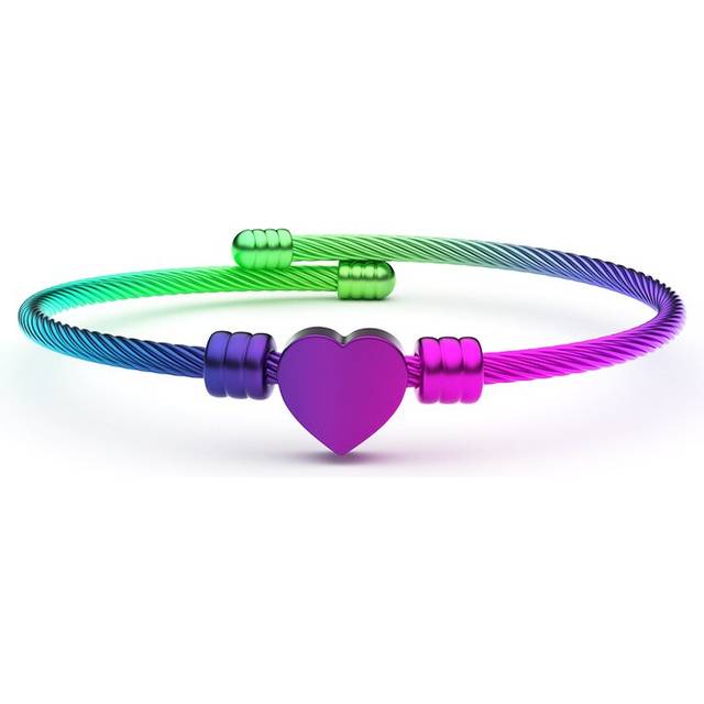 Stainless Steel Cable Wire Heart Charm Bangle Bracelet Punk Adjustable Wrist Bracelet Jewelry - Multicoloured