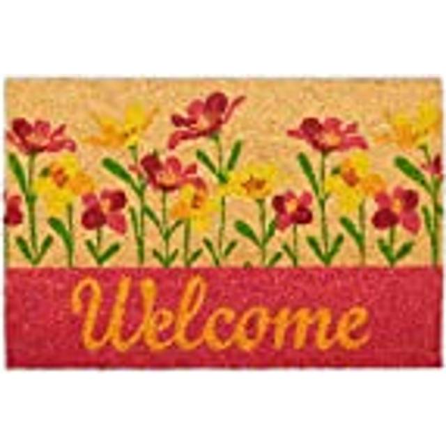 Welcome Flowers Doormat Coir , 40x60 cm, Door Mat Inside & Outside, Non-Slip, Rectangular, Coir/Red - Relaxdays