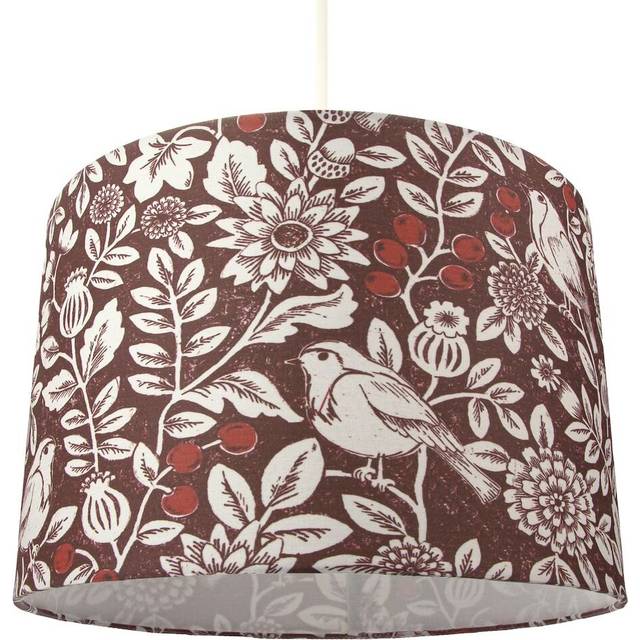 Autumnal with Floral and Sitting Birds 30cm Cotton Drum Lamp Shade - Red;Yellow (20cm H X 30cm W X 30cm D)