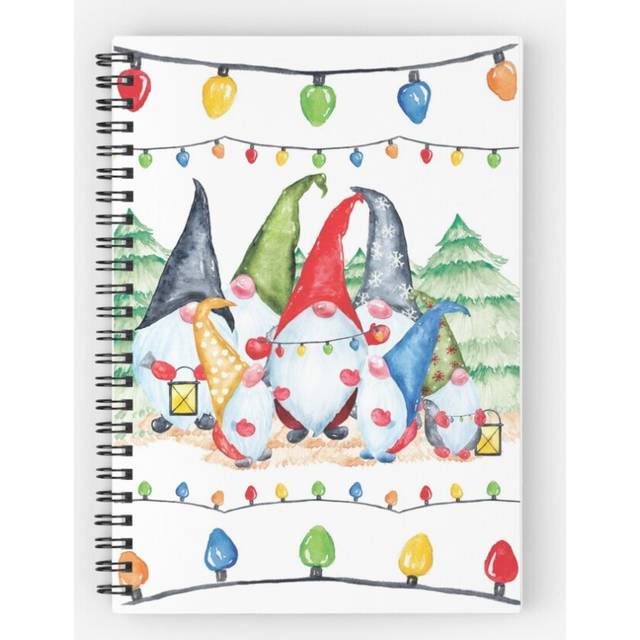 Spiral Notebook Cute Christmas Festive Gnomes with Christmas Lights A5 120 Pages