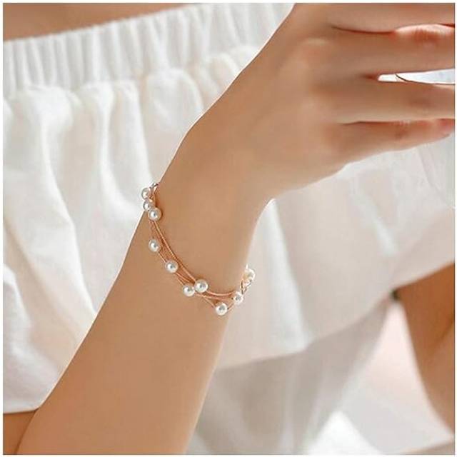 Wedding Charm Rose Gold Stackable Imitation Pearl Strand Anklet Link Chain Bracelet Bangle for Bridal