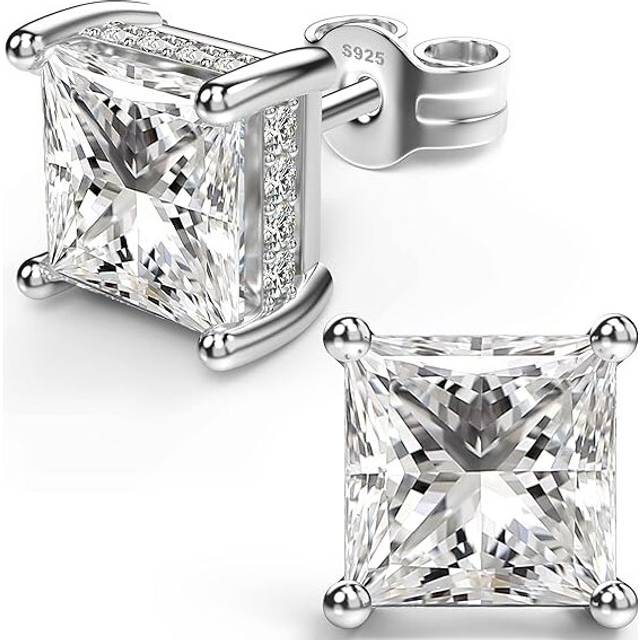 18K White Gold Plated Sterling Silver Princess Cut Cubic Zirconia Stud Earrings Square Simulated Diamond CZ Stud Earrings for Hypoallergenic-5mm