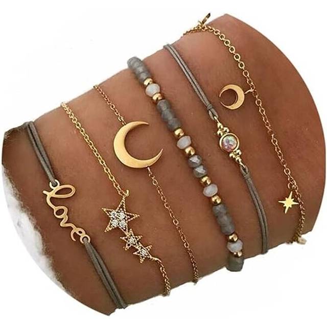 Boho Rope Bracelet for Women Fashion Gold Moon Hand Catenary Star Lovr Hand Chain Pearl Bracelet Jewelry for Girls