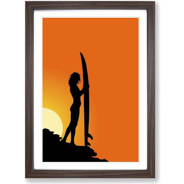 'Surfer Surfboard Surfing Sunset' Framed Graphic Art - Walnut (62cm H X 45cm W)