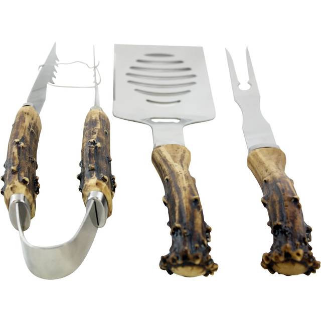 Pine Ridge Antler Handle 3 Piece Grilling Utensils Set - for Barbecue Outdoors Style Cooking  BBQ Starter Pack Tools  Smoker Accessories  Stainless St