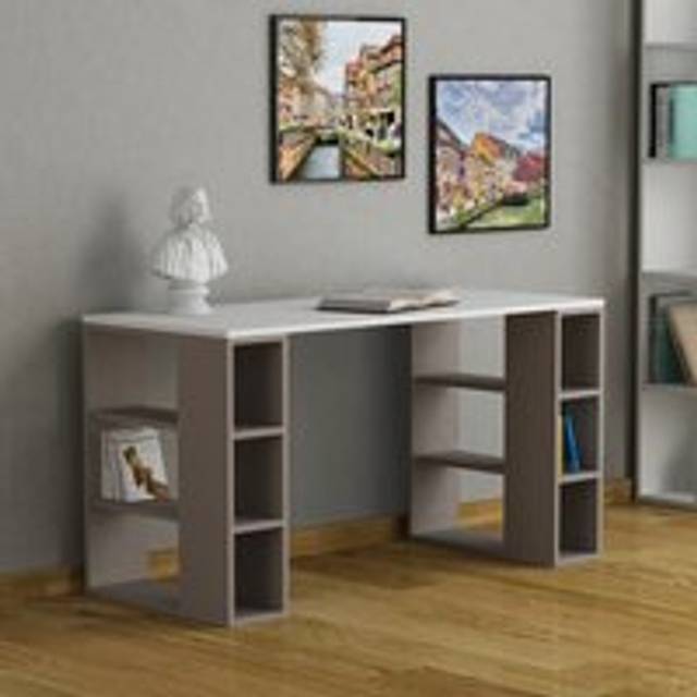 Decortie Colmar 6 Shelf Modern Desk with Bookshelf White and Mocha Grey - Multi