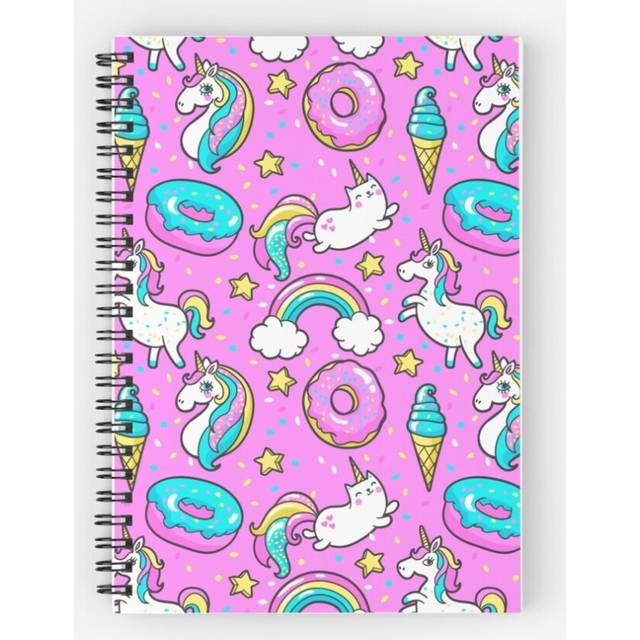 Spiral Notebook Pink Unicorn Doughnut Rainbow Ice Cream Stars A5 120 Pages