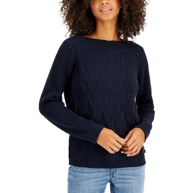 Tommy Hilfiger Women's Cable Boatneck Everyday Sweater  Sky Captain  Large