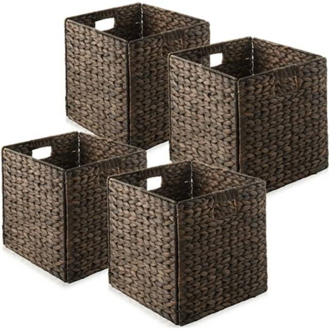 Casafield 12 x 12 Water Hyacinth Storage Baskets  Espresso  Set of 4 Collapsible Cube Organizers  Woven Bins for Bathroom