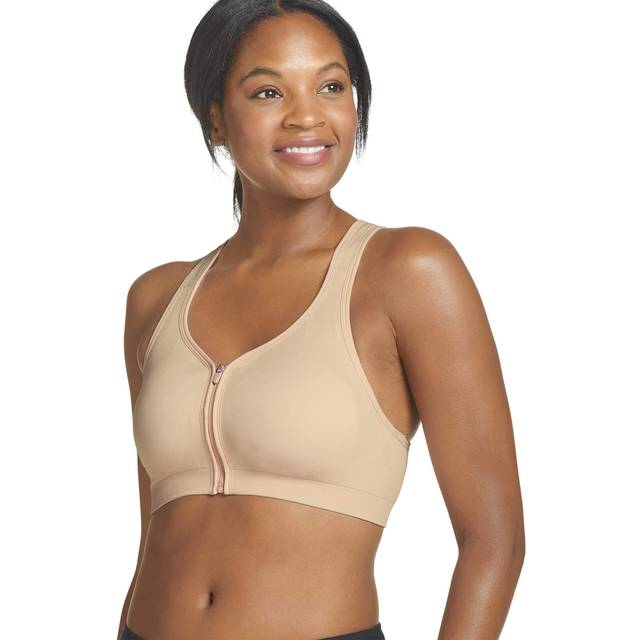 Jockey Women's Bra Mid Impact Zip Front Sports Bra  Nude  M