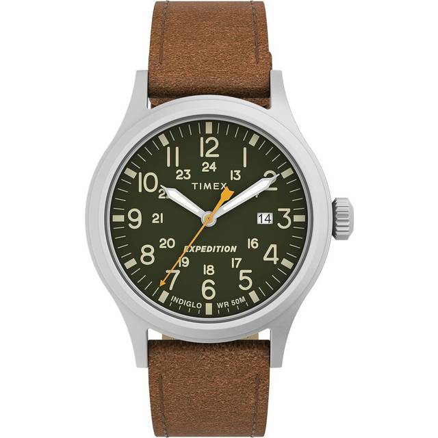 (Timex) Timex Watch Expedition Scout Men's 40mm Silver Tone Case and Green Dial Brown Leather Strap, Size 40