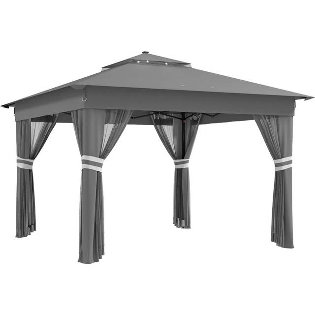 Outsunny 3x3(m) Pop Up Gazebo w/ Solar-Powered LED Lights Netting Grey, Grey