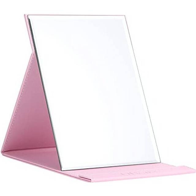 Leather Craft Makeup Mirror Free Standing Super HD Large Compact Mirror for Desk, Office, Home, Camping, Travel - Pink