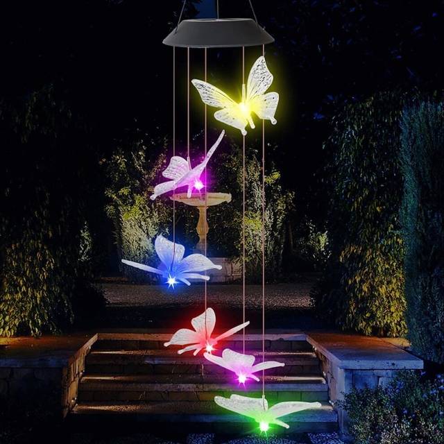 Outdoor Waterproof LED Solar Colorful Wind Chime Lamp Butterfly Shape Pendant LED Night Light Courtyard Garden Terrace Decorative Lantern