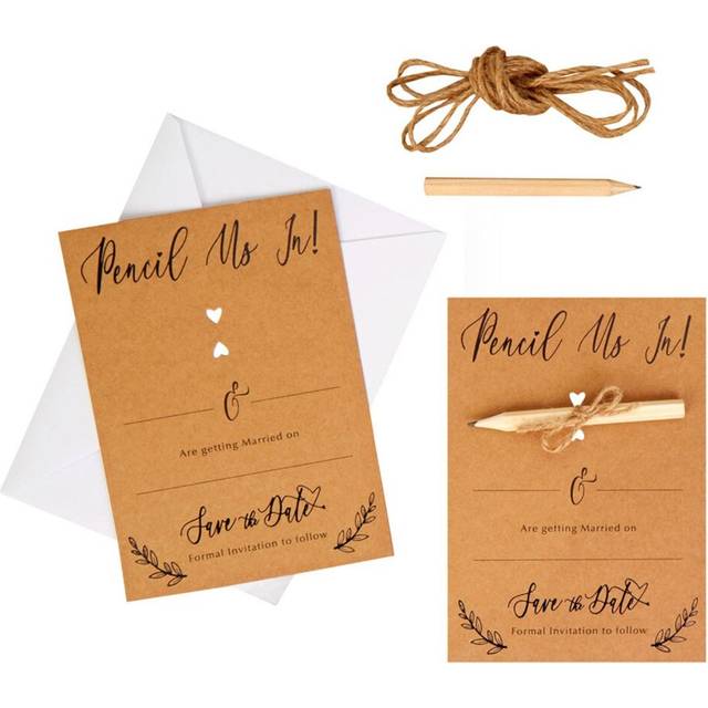 Pack Of 10 Pencil Us In Save The Date Cards And Envelopes | Shabby Chic Save The Date Wedding Invites | Vintage Wedding Stationery Pack