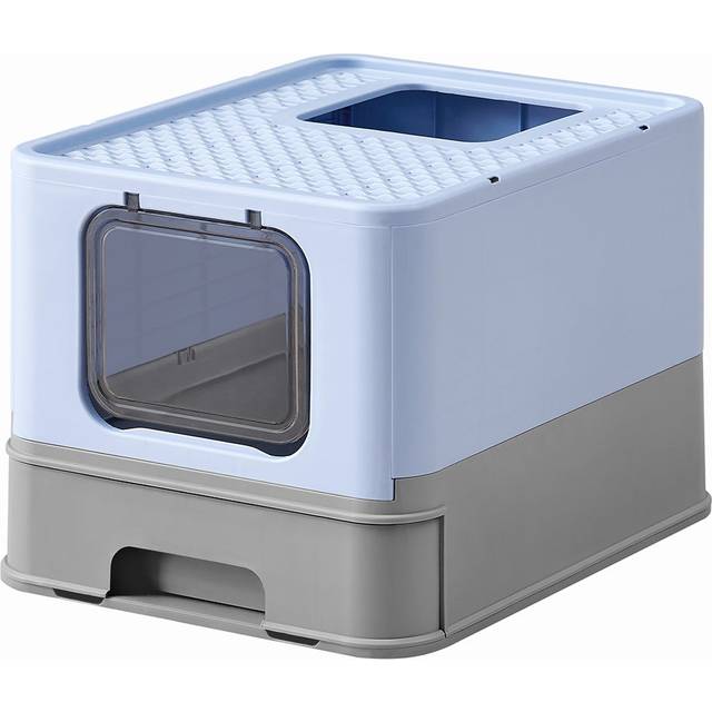 Anti-Leaking Hidden Cat Litter Box with Hood and Slide-Out Tray, Pale Blue + Dove Grey