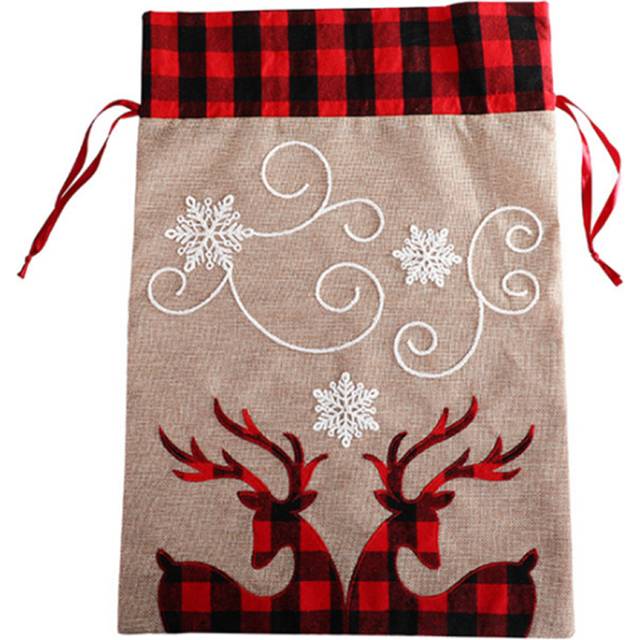 Dsport C313 Christmas Red Check Double Deer Bag Drawstring Gift Storage Bag Candy Bag Christmas Apple Bag for Christmas Wedding Party