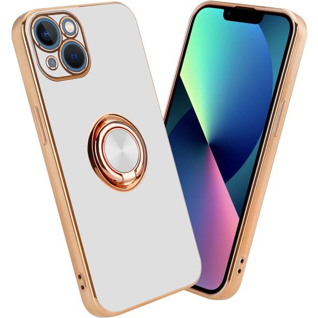 (Glossy White - Gold) Cadorabo Case for Apple iPhone 13 MINI with ring Protective Cover made of flexible TPU silicone, with camera protection and magn