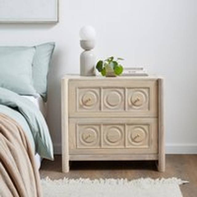 Theodore 2 Drawer Wide Bedside Table, Mango Wood - Whitewashed Wood