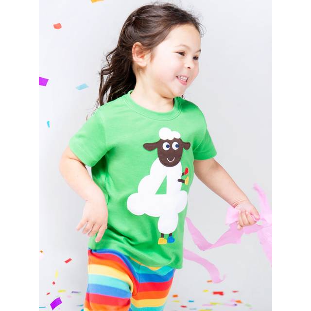 Frugi Kids' Magic Number 4 Organic Cotton Sheep T-shirt, Fjord Green/Multi