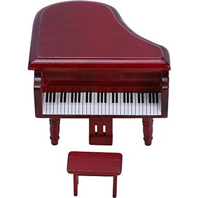 Doll House Piano Set, 1:12 Mini Simulation Wooden Dollhouse Furniture Grand Piano with Stool Doll House Model Scene Toy (Red)