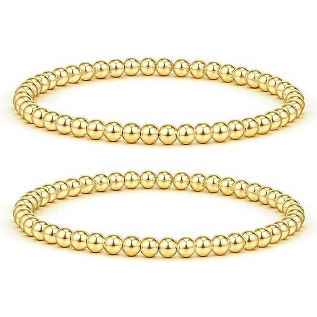 Gold Beaded Stackable Bracelets for Women 14K Gold Plated Bead Ball Bracelet Stretch Handmade Cute Round Beads Dainty Bracelet for Teen Girls