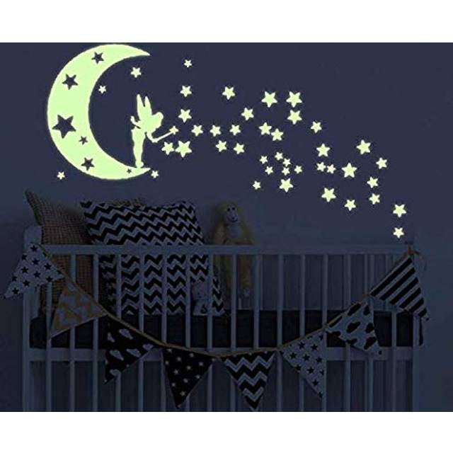Moon Glow in Dark Wall Stickers  Benbo Fairytale Fairy and Stars Vinyl Luminous Wall Decals for Nursery Kid's Room DIY Home Decor Mural Decoration